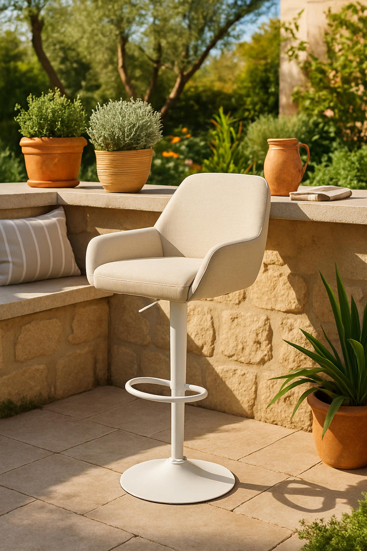 BARHOCKER 2er Set Prag Stoff weiß creme - Chromfarben/Creme, Textil/Metall (51/109/52cm) - TPFLiving