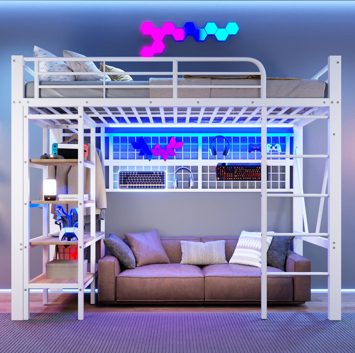 HOCHBETT 90/200 cm in Weiß mit LED-Beleuchtung, Ablage und Kleiderstange - Weiß, Metall (90/200cm) - Flora Grace