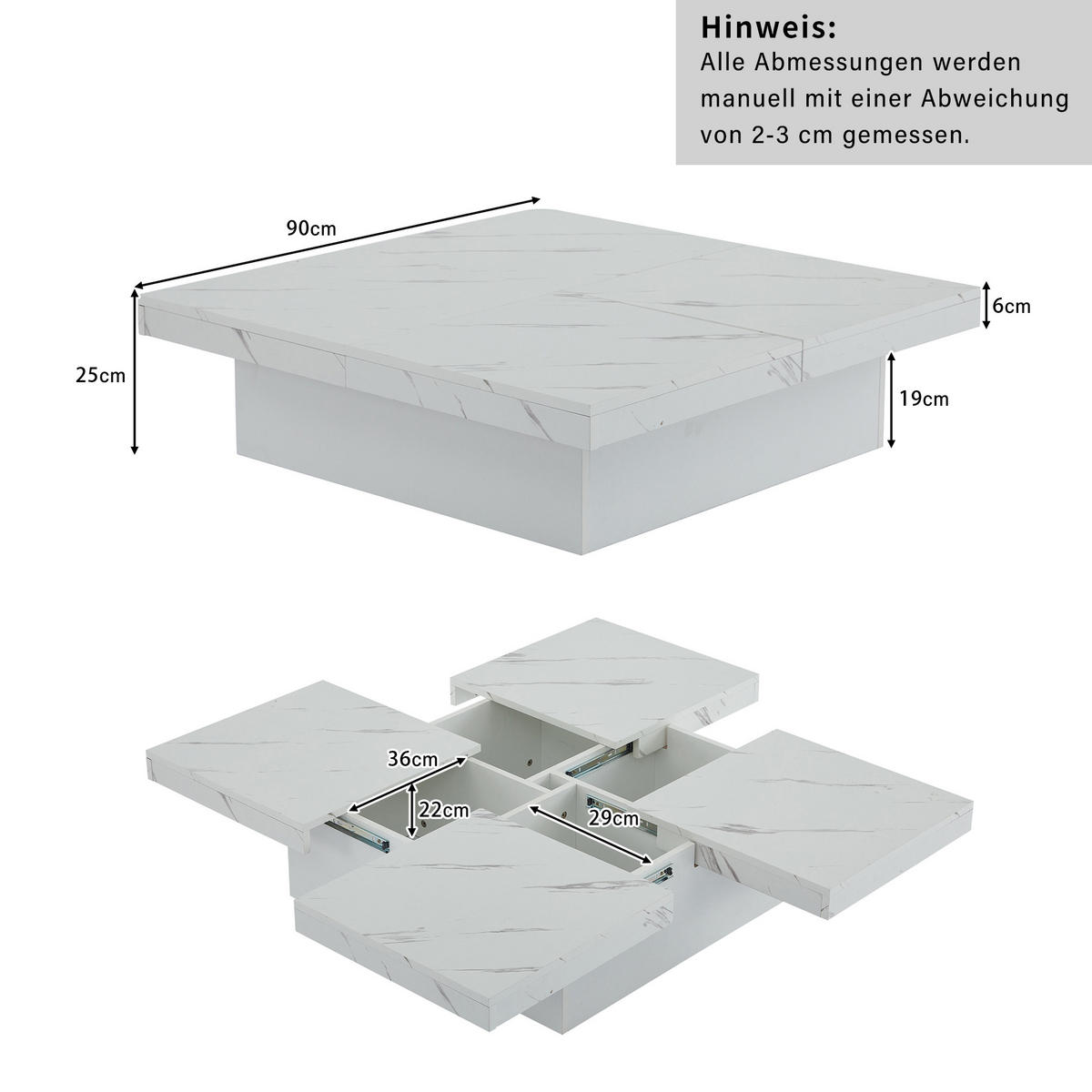 COUCHTISCH 90 / 90 / 25 cm weiß mit Marmor-Optik und 4 Schubladen - Weiß, Holzwerkstoff (90/90/25cm) - OKWISH