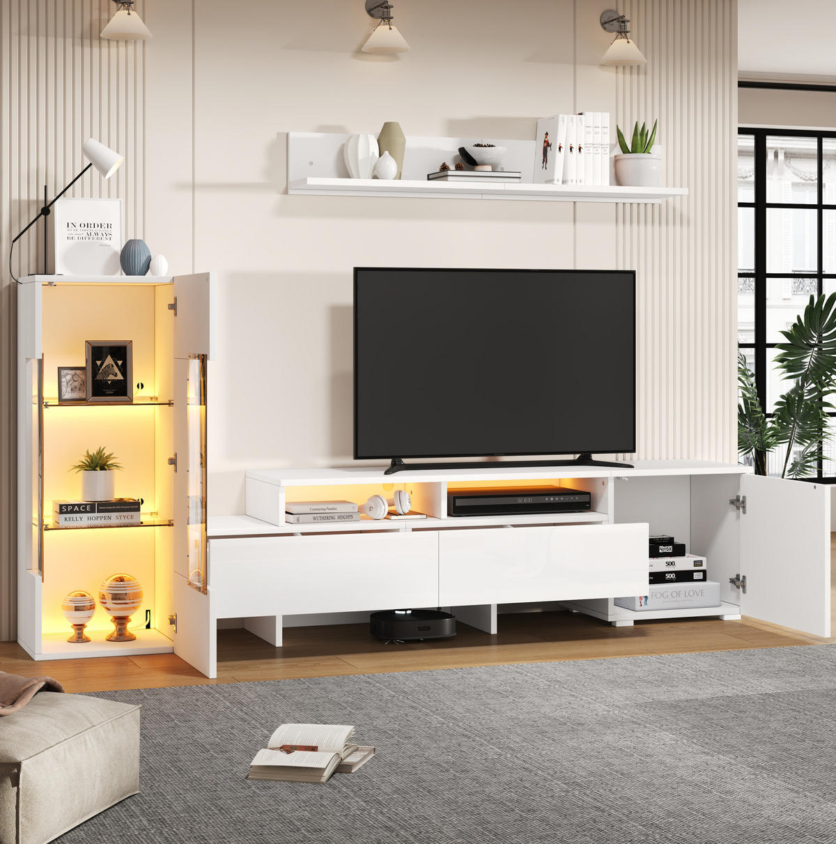 WOHNWAND aus Spanplatte 3-teilig 170x35x45/40x31,5x100/120x12x18 cm Weiß mit LED, Hochglanz und Soft-Close - Weiß, Holzwerkstoff (170/45/35cm) - Modfu