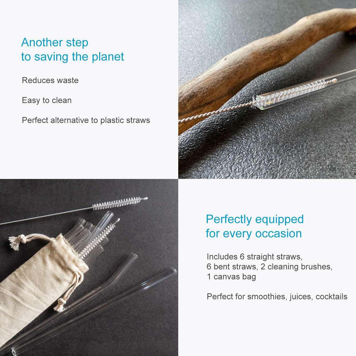 STROHHALM-SET mit 2 Bürsten und Aufbewahrungstasche (15-tlg) - Transparent, Glas (0.8/1cm) - Intirilife