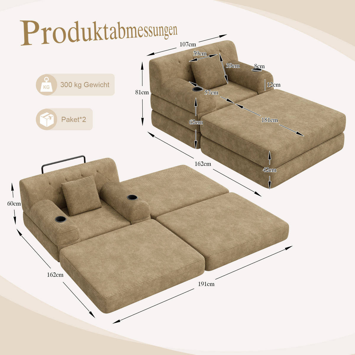 SCHLAFSOFA mit Hocker und Liegefunktion aus Cord Khaki - Taupe, Textil (191/60/162cm) - EVRYAE