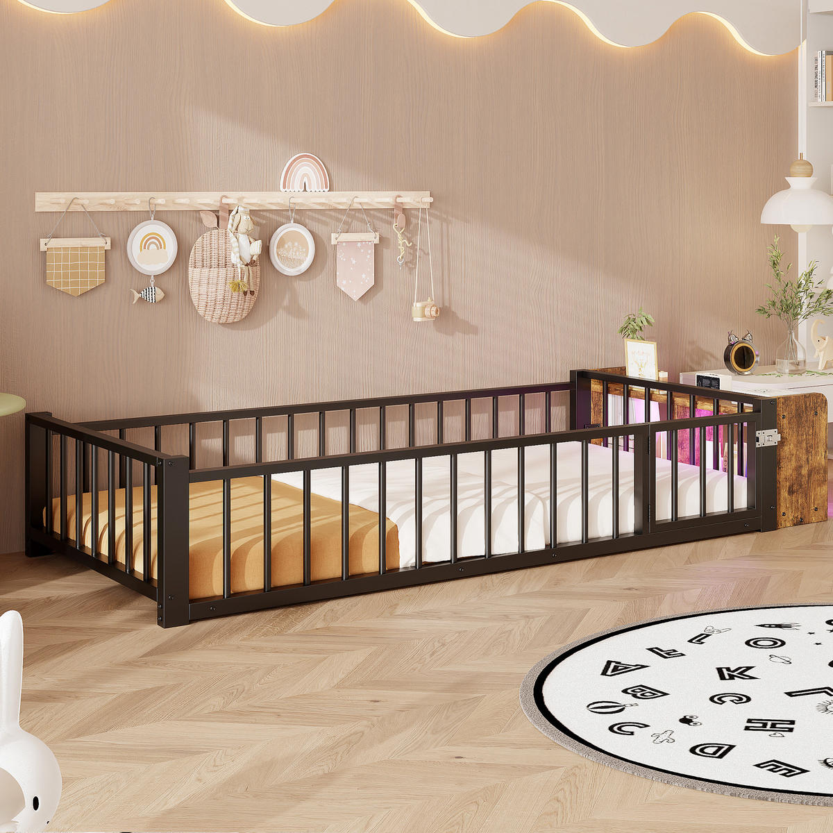 METALLBETT 90x200 cm LED Schubladen schwarz - Schwarz, Holzwerkstoff (90/200cm) - LEBENLANG