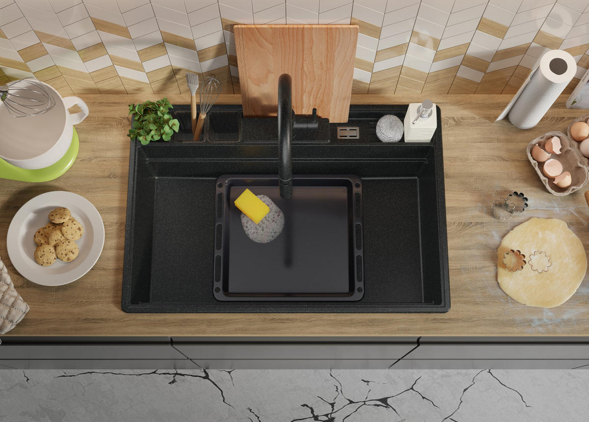 SPÜLBECKEN New York, 2-er set Anthrazit 78/53 cm 1 Becken + Ablauf-Set + Küchenzubehörset ab 80er Unterschrank - Chromfarben/Anthrazit, Kunststoff (78/20/53cm) - Primagran