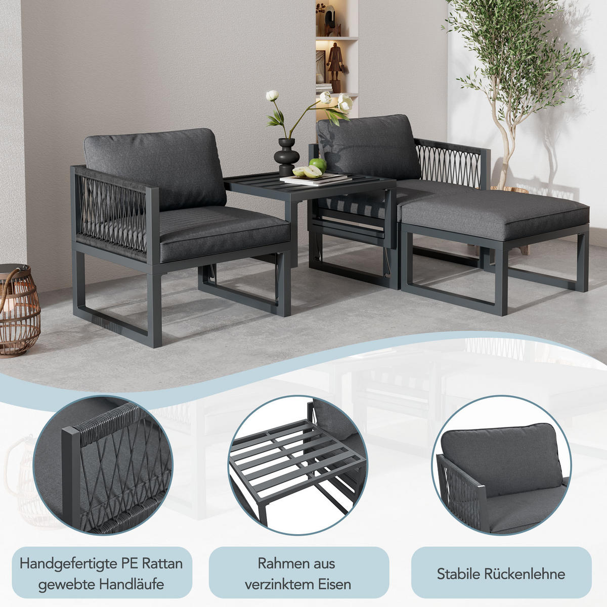 LOUNGESET Modular Grau 2 Sofas 2 Hocker - Grau, Metall - FLIEKS