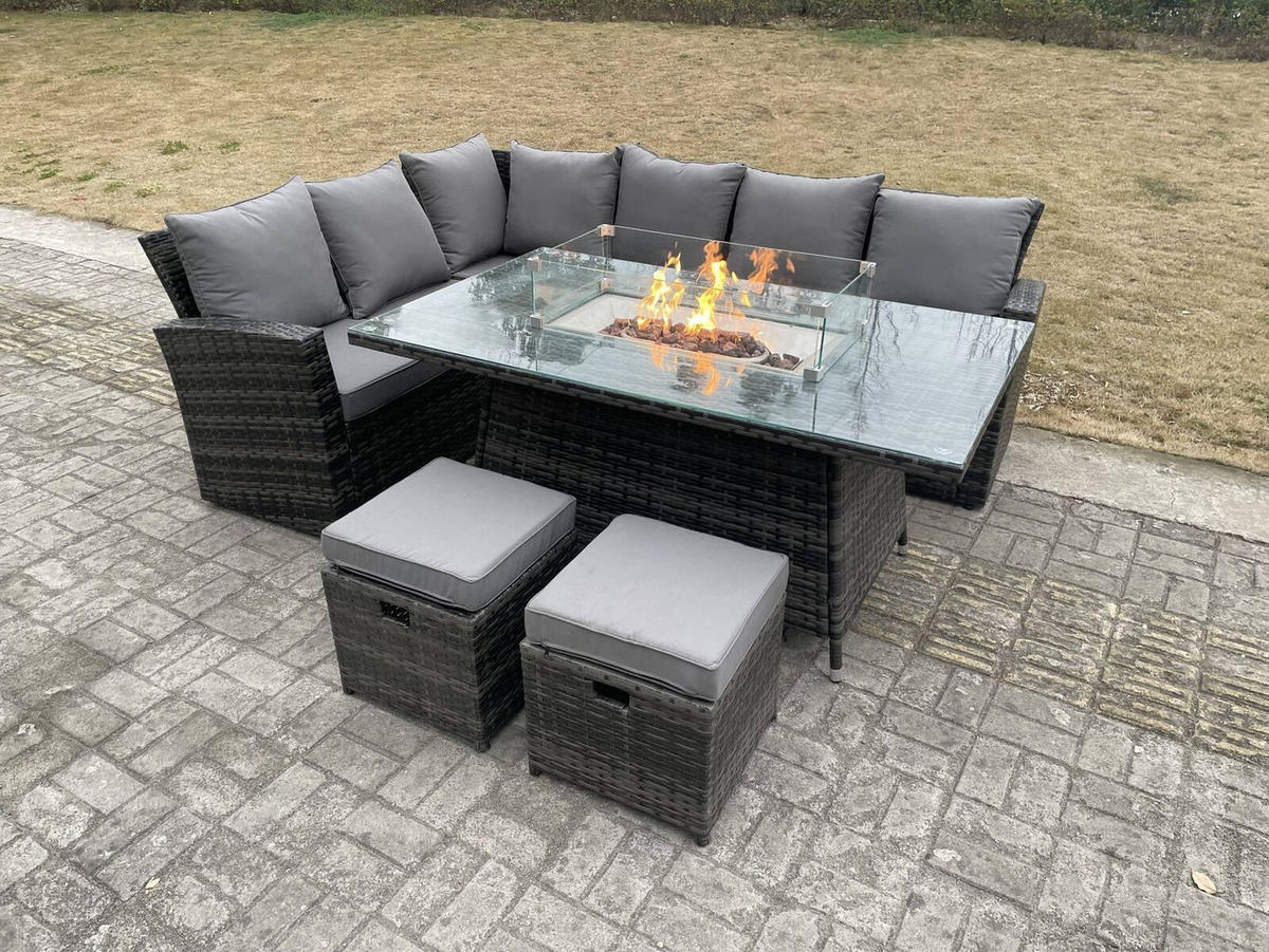 GARTENSOFA SET linke Ecke Polyrattan 8-Sitzer - Dunkelgrau/Grau, Glas/Kunststoff - Fimous