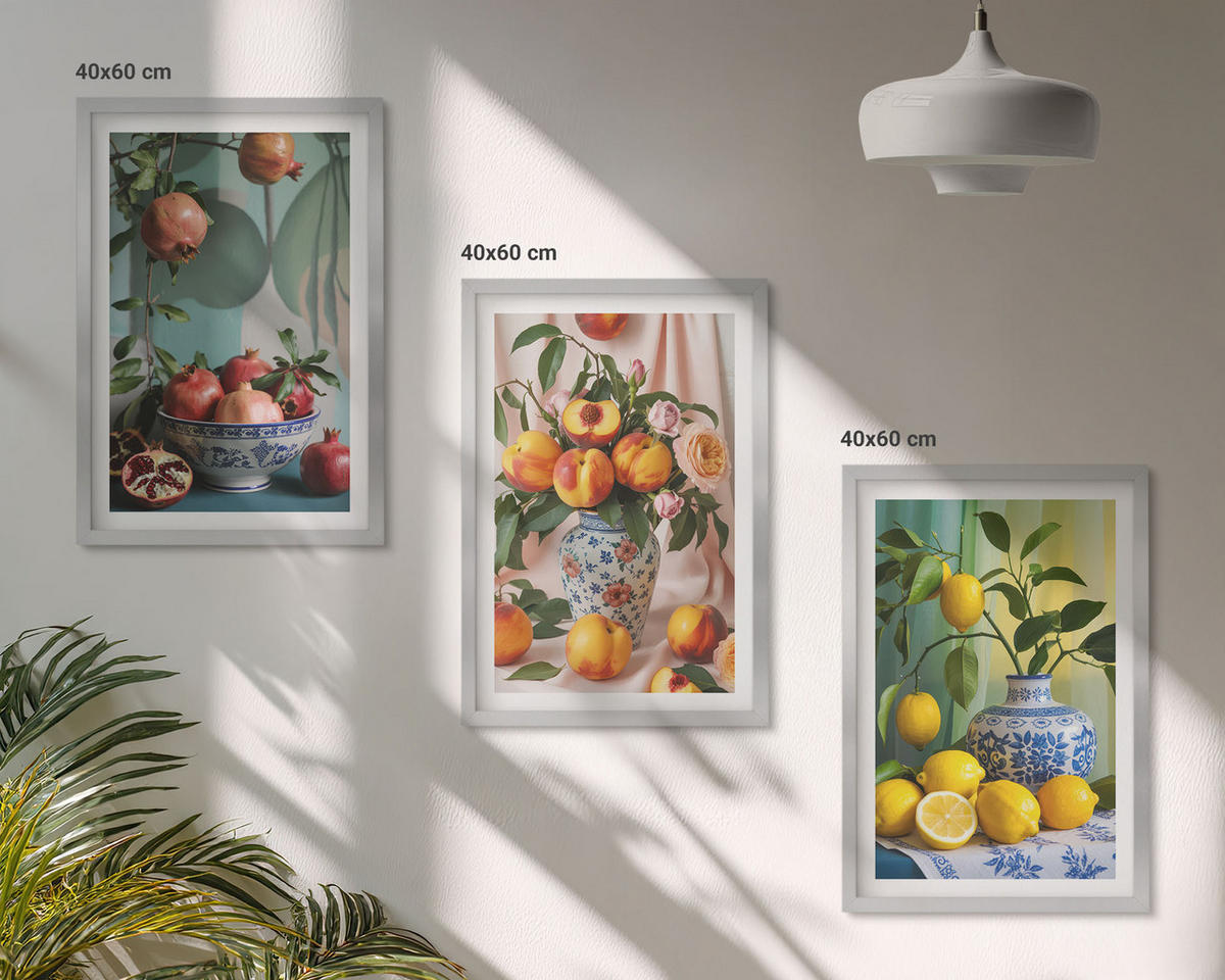 BILDER SET 3er Set - 40x60 cm Silberner Rahmen - Granatäpfel, Pfirsiche, Zitronen - Silberfarben, Kunststoff (40/60cm) - TULUP