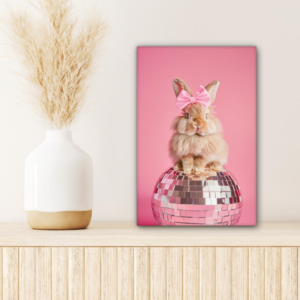 LEINWANDBILD Schleife - Discoball - Kaninchen Deko Wohnzimmer 20x30 cm - Pink, Textil (20/30cm) - MuchoWow