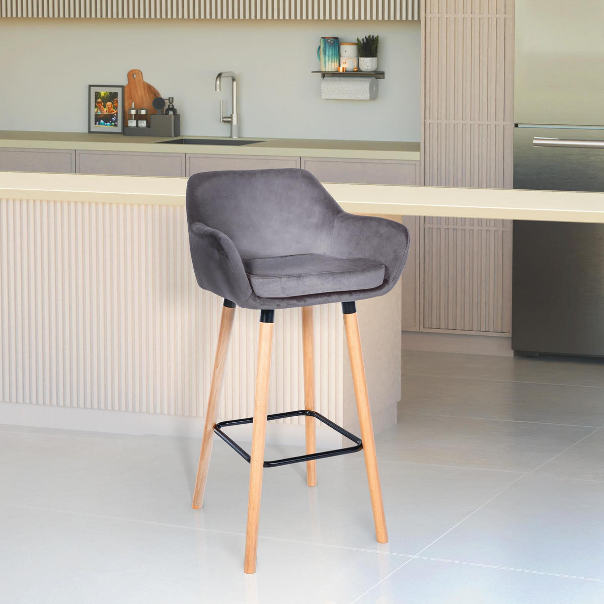 BARHOCKER 2er Set Samt Grau - Eukalyptusholzfarben/Grau, Holz/Textil (51/101/50cm) - CLP