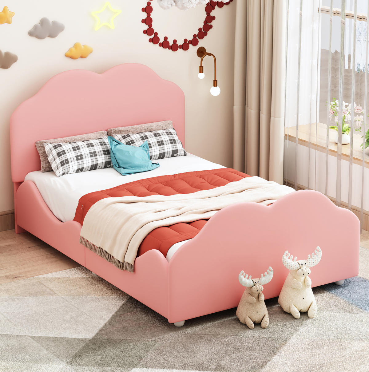 POLSTERBETT 90/200 cm rosa hohes Geländer-Kinderbett mit Wolkenkopf- und Fußteil - Pink, Textil (90/200cm) - OKWISH