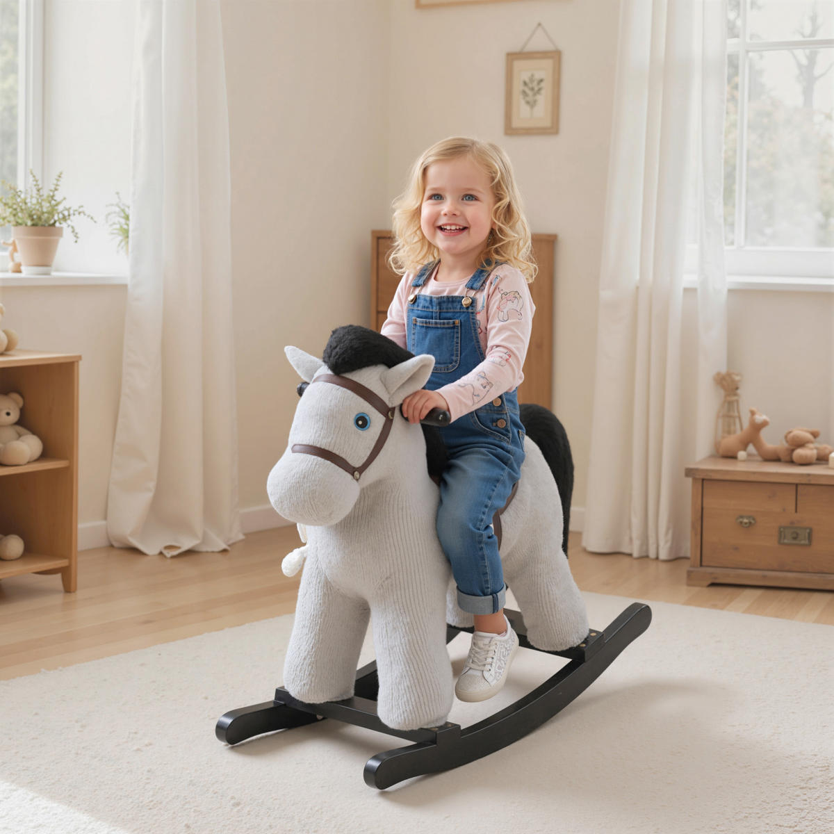 SCHAUKELPFERD DE-18250 mit Sound & Stoffpuppe, grau - Grau, Textil (26/55/71cm) - ComfortXL