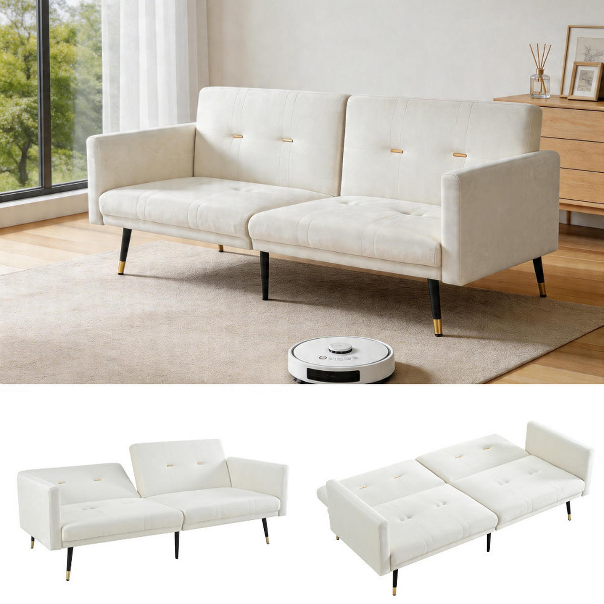 SCHLAFSOFA 150/89/70 cm in Beige Samt - Beige, Textil (164/70/89cm) - Oxeza