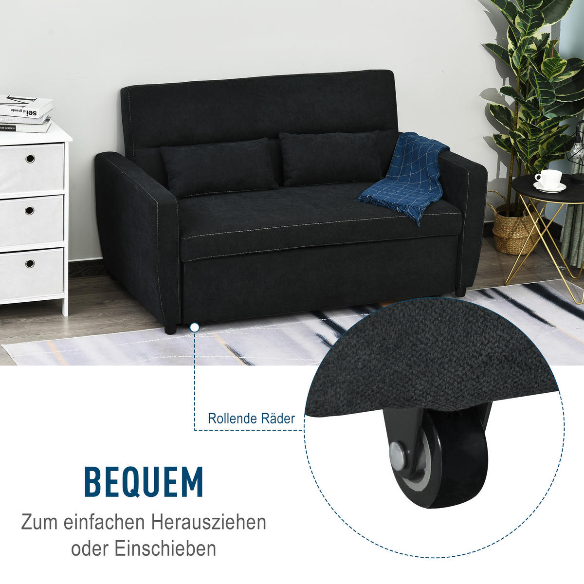 SCHLAFSOFA, Eukalyptusholz, Schwarz - Schwarz, Holz (90/88.5/155cm) - HOMCOM