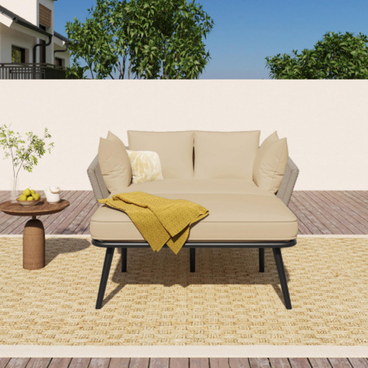 GARTENLIEGE 130x120x67 cm aus Stahl und Polyester mit handgeflochtenen Details, Sandfarben - Sandfarben, Textil (120/67/130cm) - Luhomfu