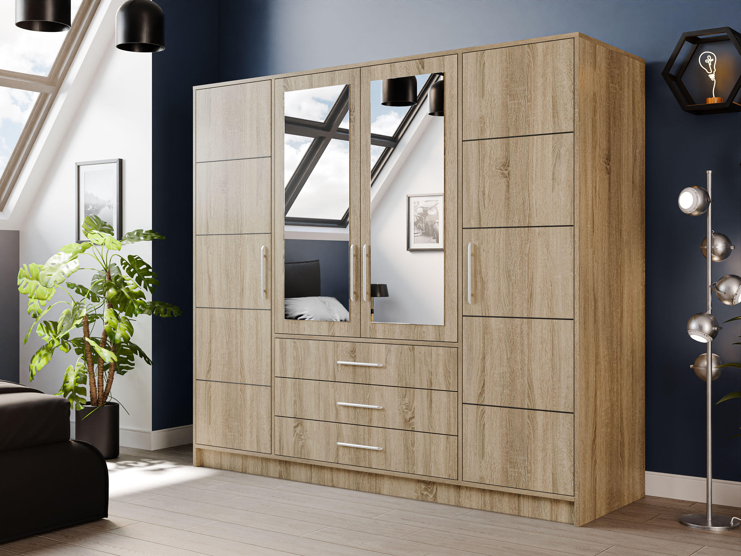 KLEIDERSCHRANK Bali D4 - Silberfarben/Sonoma Eiche, Holzwerkstoff (196/200/58cm) - MIRJAN24
