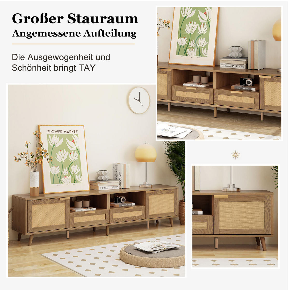 TV-SCHRANK in Eiche mit Rattan-Details, 2 Türen und 2 Schubladen 200/37/49 cm - Eichefarben, Holzwerkstoff (200/49/37cm) - Redom