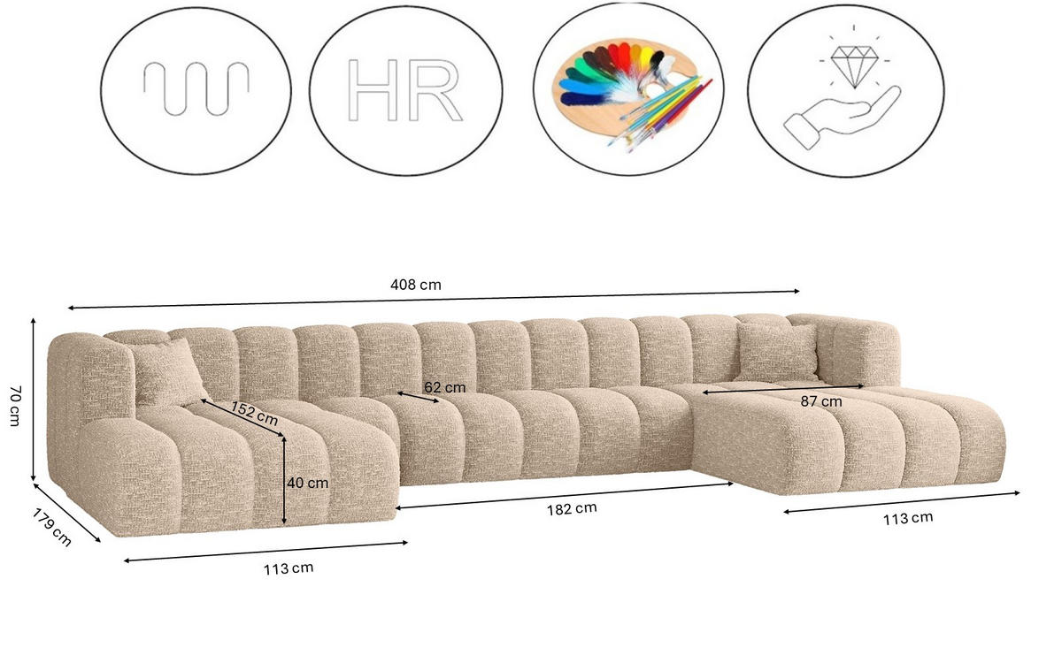 ECKSOFA U-form Grand U XL Stoff Haga Ecru - Ecru, Holz (179/408cm) - Kaiser Möbel