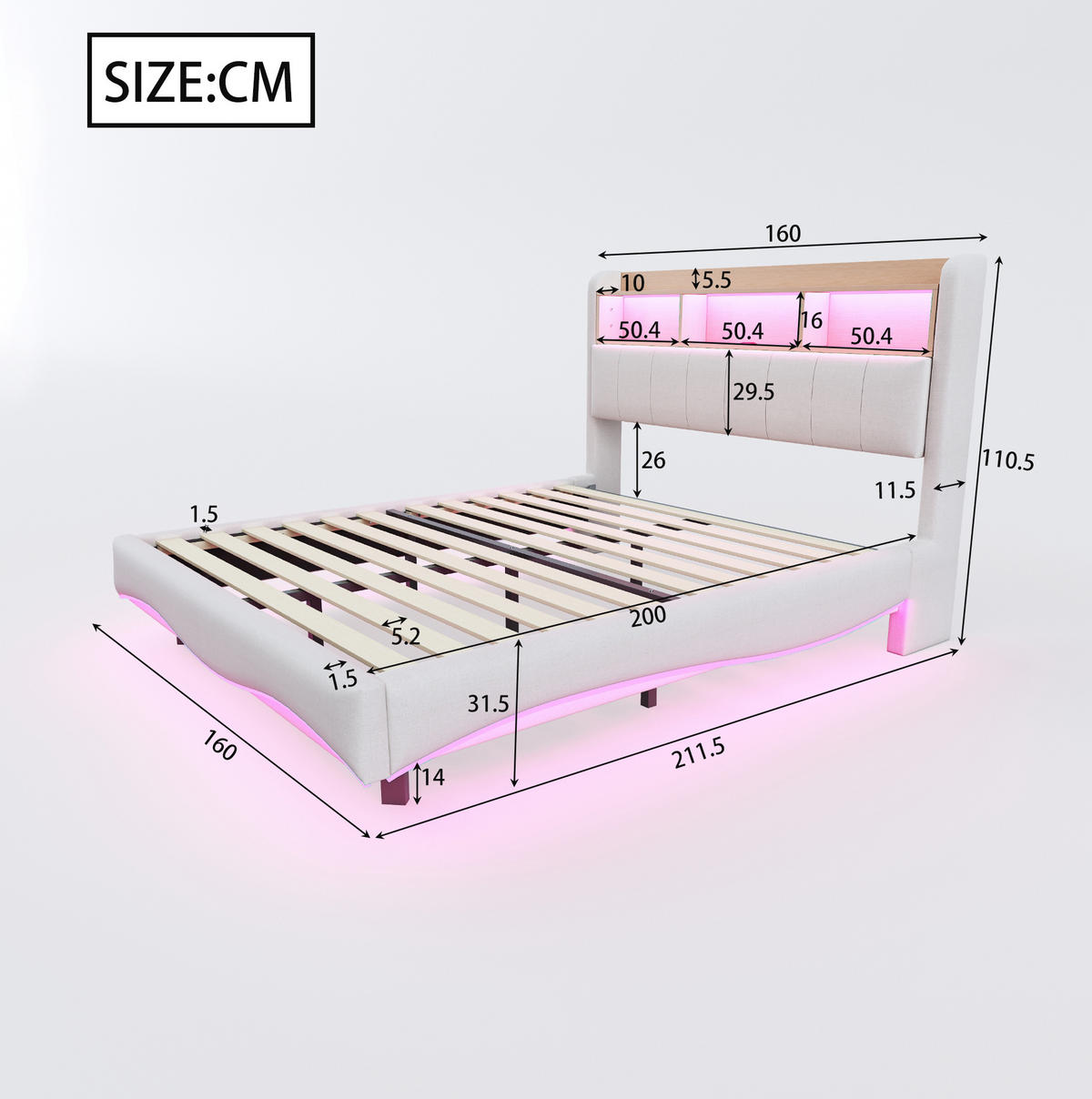 POLSTERBETT 160/200 cm Beige aus Stoff mit LED-Beleuchtung und USB-Anschluss - Beige, Textil (160/200cm) - OKMYHOME