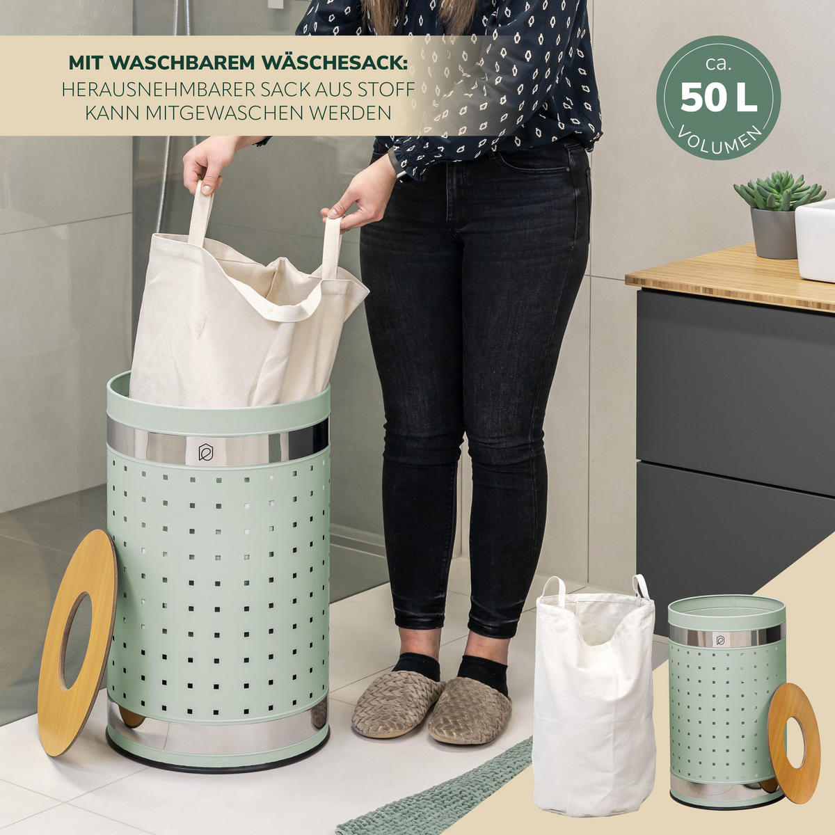 WÄSCHETONNE 50 Liter, grün - Grün, Metall (35.5/57.5/35.5cm) - eluno