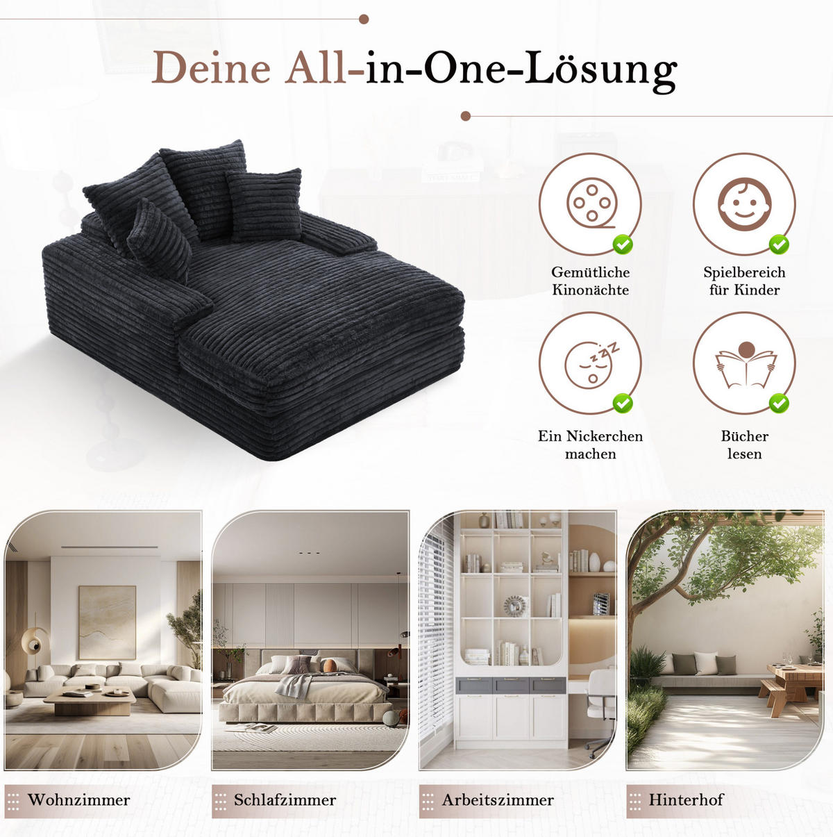 CHAISELONGUE Cordstoff mit Memory-Schaum und 4 Kissen 137/175/63 cm Grau - Grau, Textil (137/63/175cm) - Redom