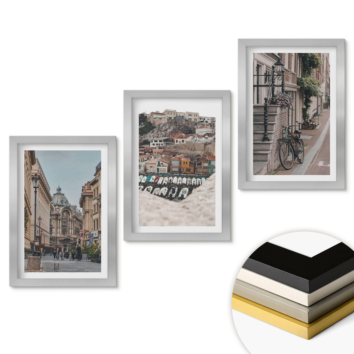WANDBILDER 3er Set - 20x30 cm Silberner Rahmen - Die charmanten Straßen des Hafens der Stadt - Silberfarben, Kunststoff (20/30cm) - ArtPrintCave