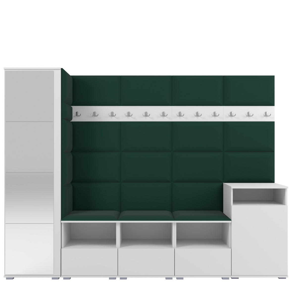 GARDEROBE NELA XI 250 cm (Modulare Flurmöbel Weiß mit Spiegel & Sitzpolster Flaschengrün 28 Großes Set) - Dunkelgrün/Silberfarben, Holz/Holzwerkstoff (250/187/40cm) - Ravio