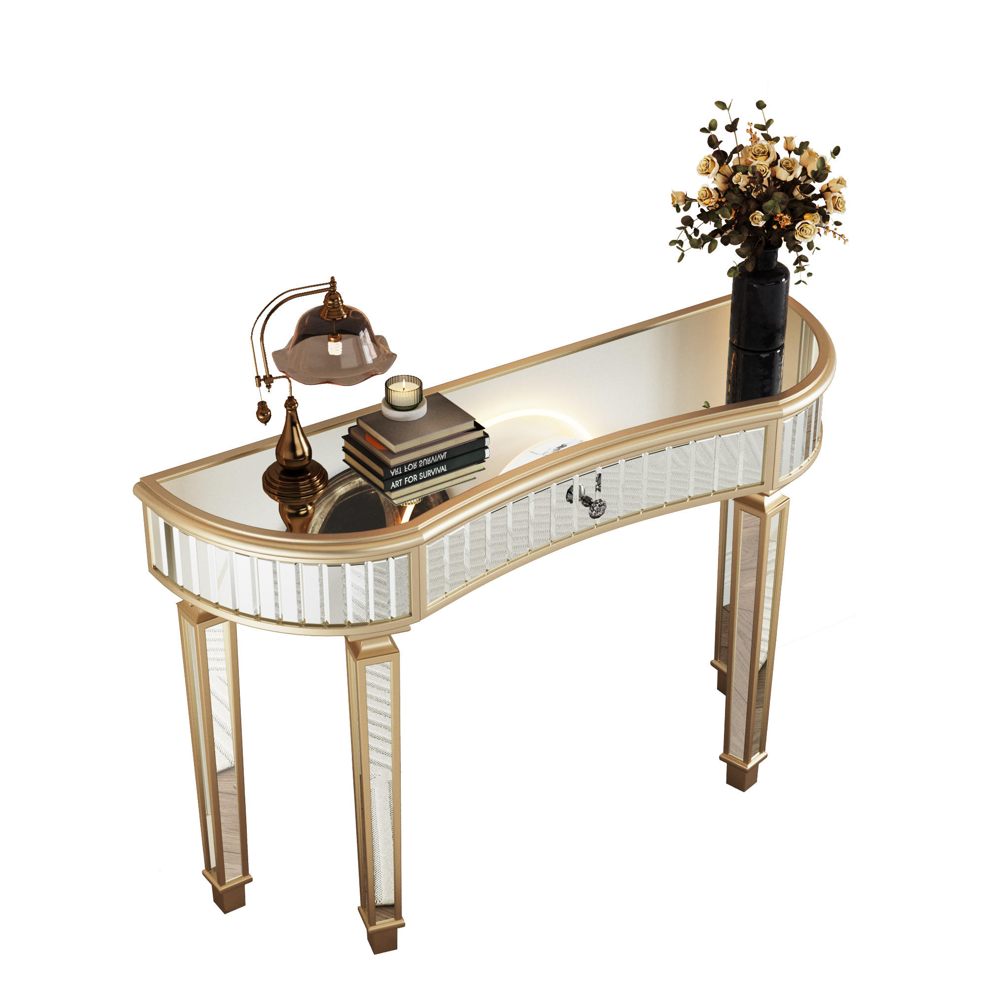 KONSOLENTISCH DE-37268 120 cm halbmondförmig mit Spiegel Gold - Goldfarben, Holzwerkstoff (120/38/78cm) - ComfortXL