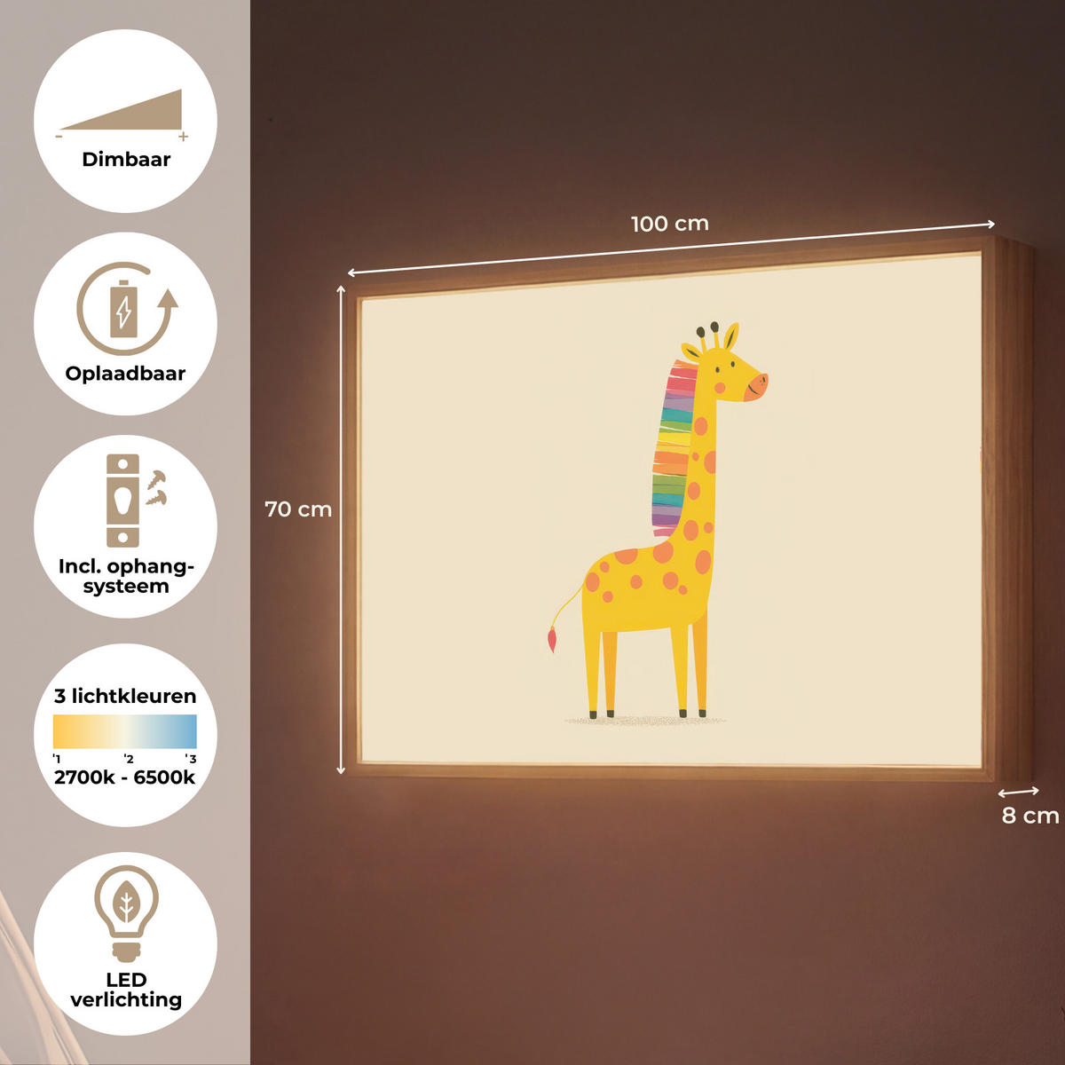 NÁSTĚNNÁ LAMPA S AKUMULÁTOREM Žirafa - Duhová hříva - béžová 100x70 cm - béžová, kompozitní dřevo (100/70/8cm) - OnlyWow