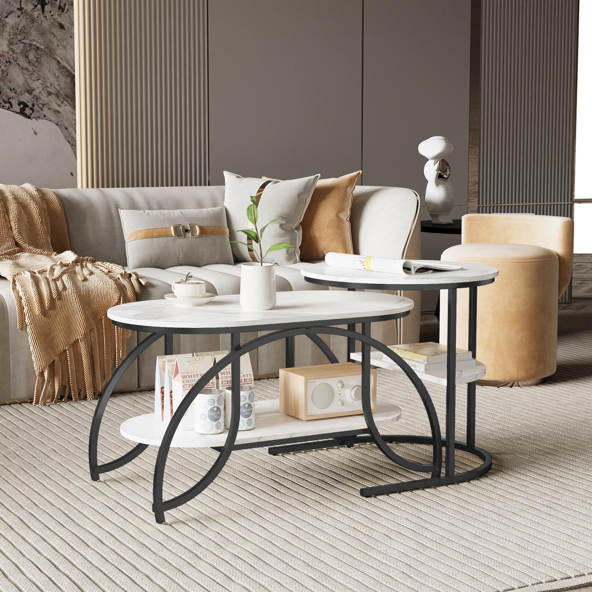 COUCHTISCH 2er Set rund Marmoroptik Metall schwarz weiß - Weiß, Holz (46/80/45cm) - LEBENLANG
