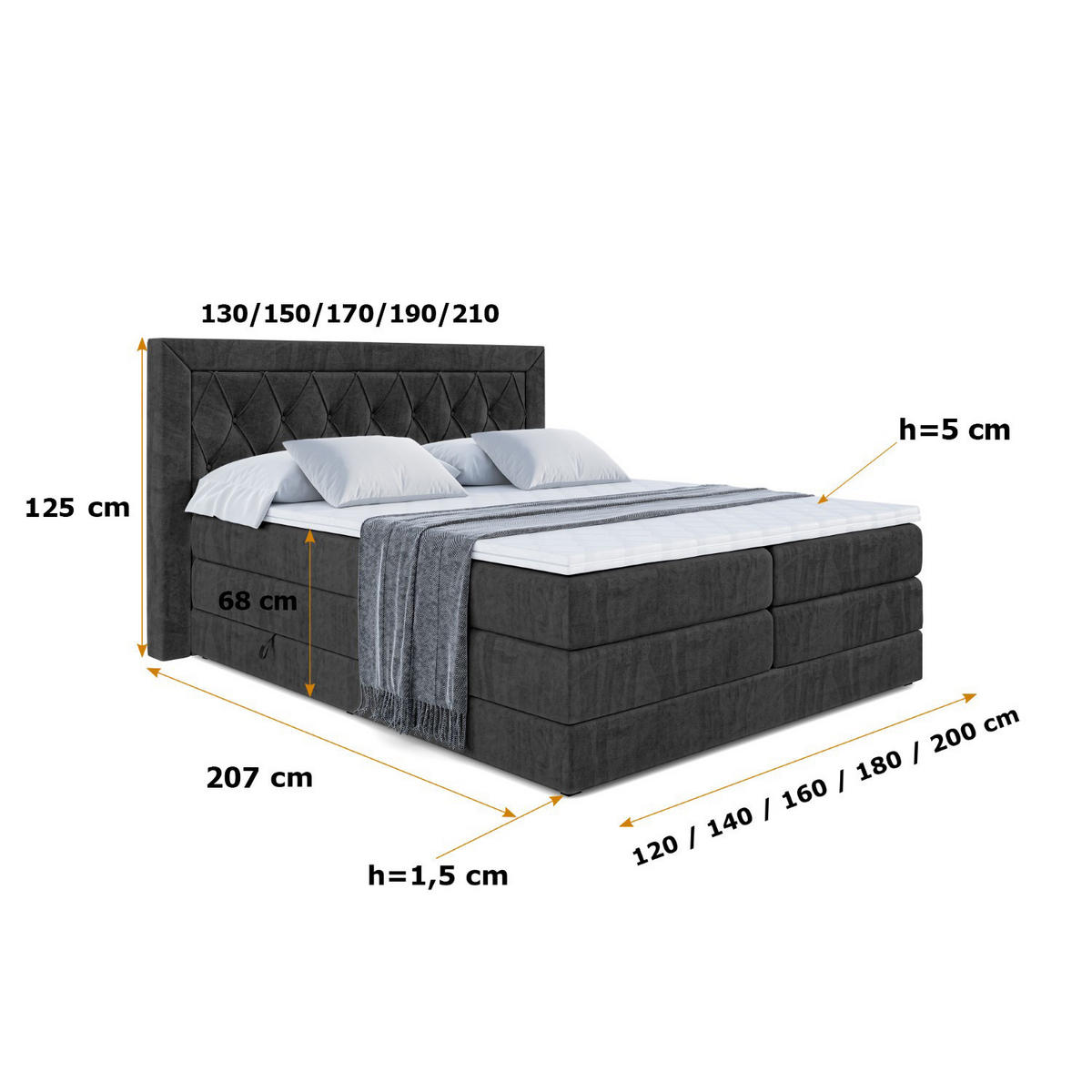 BOXSPRINGBETT NOEL KING - 120 x 200 - H3/H4 - Schwarz - Schwarz, Holzwerkstoff (120/200cm) - ALTDECOR