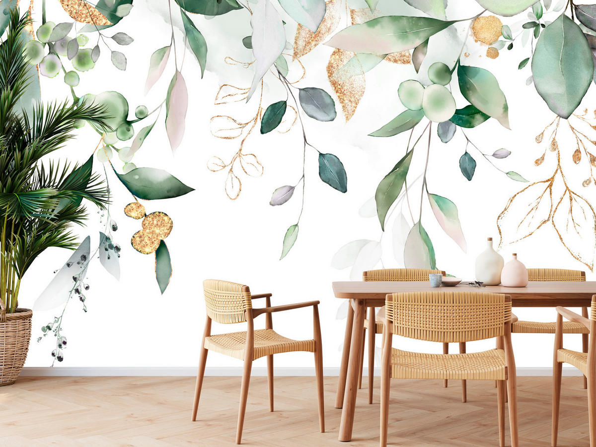 FOTOTAPETE für Schlafzimmer Aquarell Blätter Eukalyptus Weiß 150x105 - Gelb/Weiß, Papier (150/105cm) - Muralo