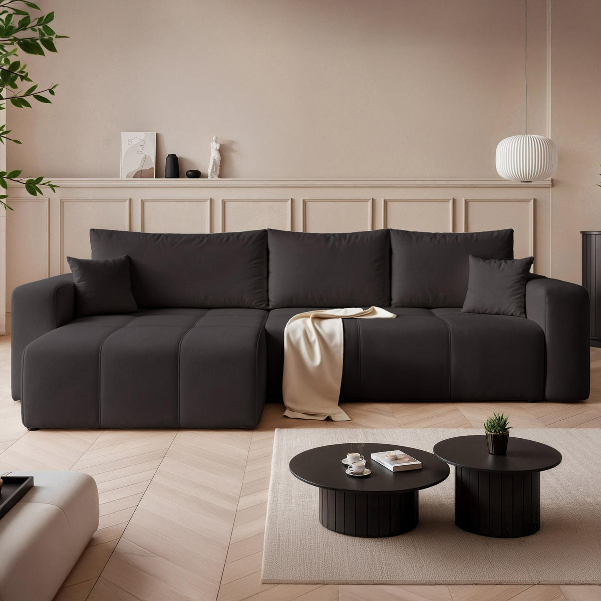 ECKSOFA XL Velours mit Bettkasten und Schlaffunktion - Schwarz, Holzwerkstoff/Textil (278/145cm) - Idohome