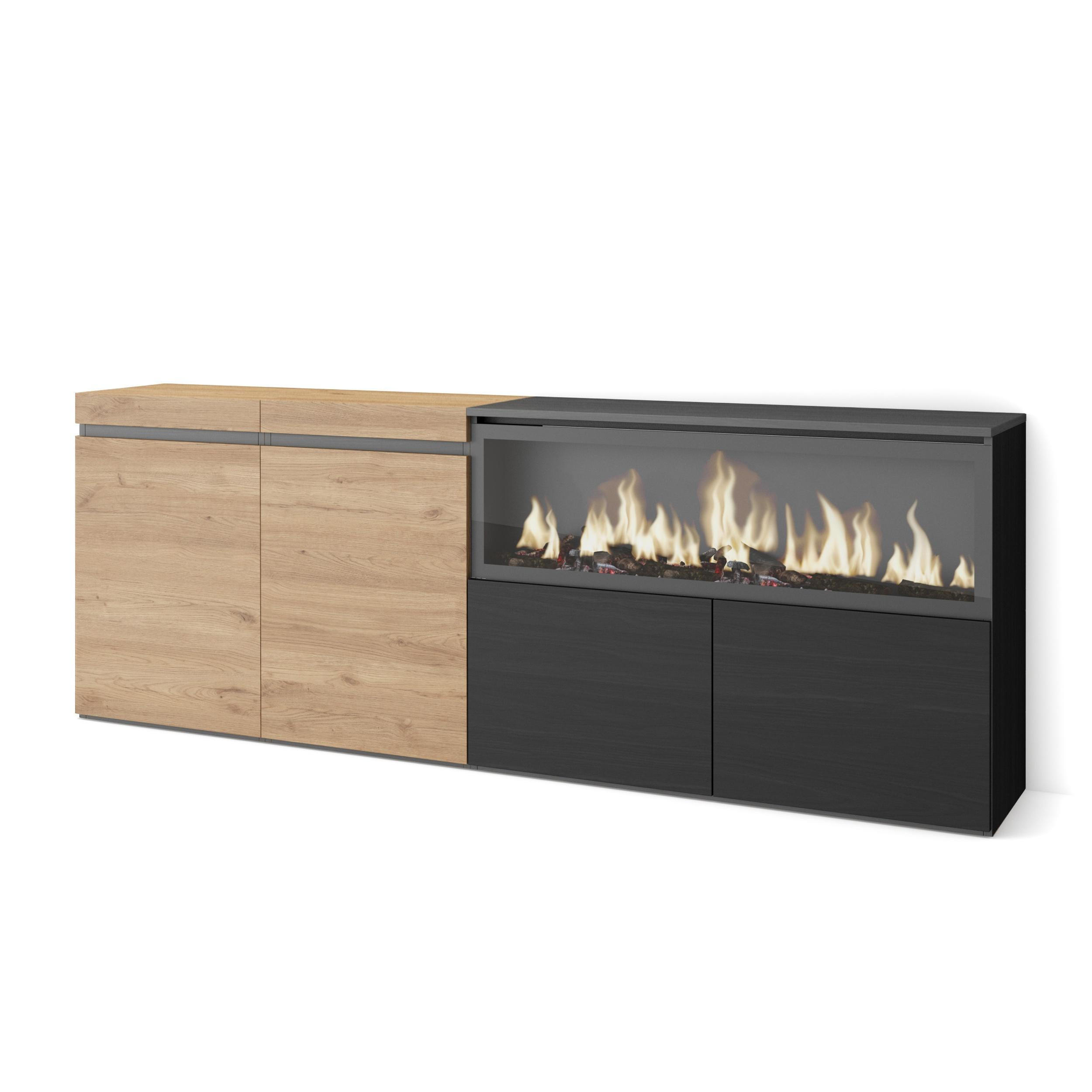 SIDEBOARD Highboard, Elektrokamin XXL, eiche, schwarz, 208/35/75cm - Eichefarben/Schwarz, Holzwerkstoff (208/75/35cm) - Skraut Home