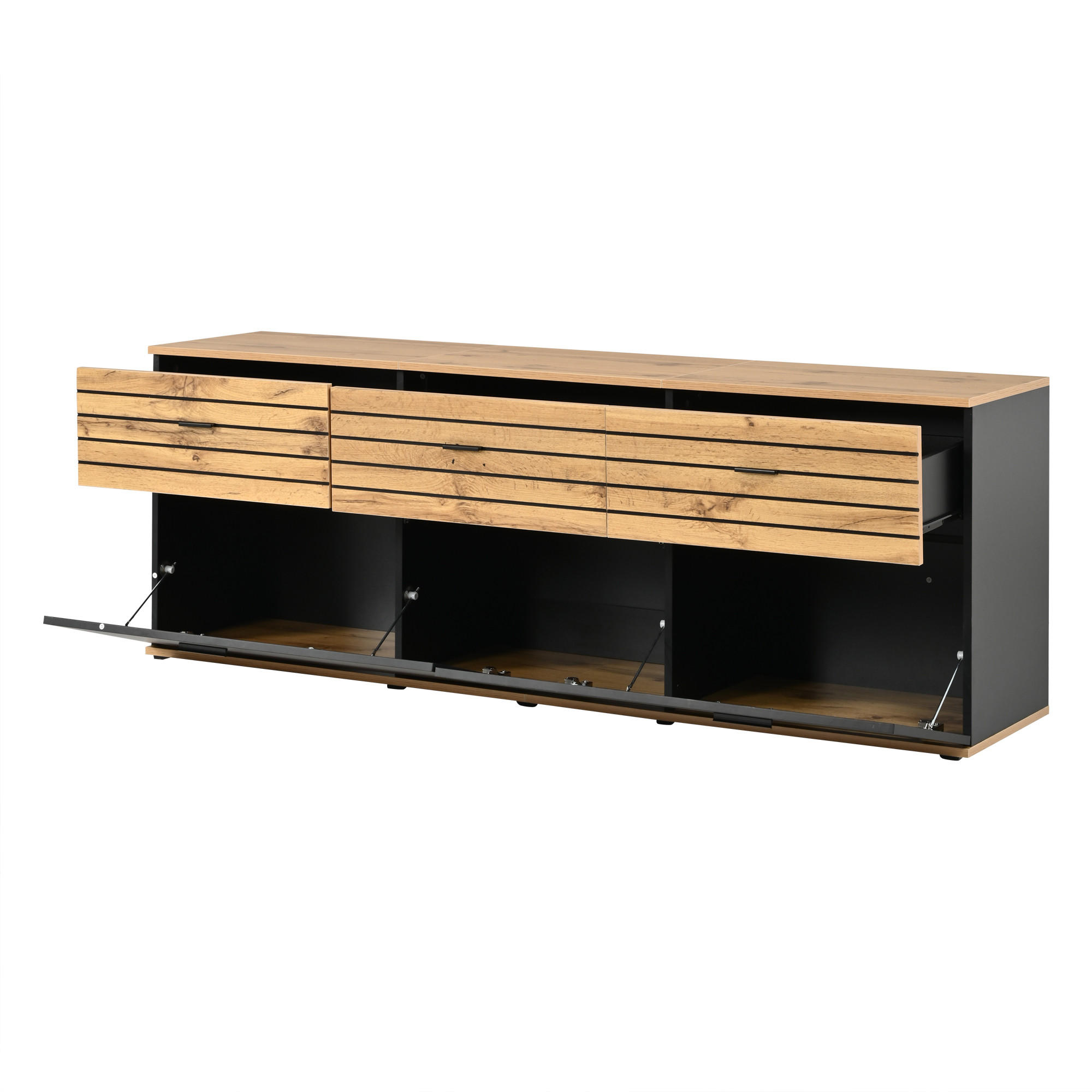TV-ELEMENT168X38X59CM Holz-Schwarz für 65-Zoll TV mit 3 Schubladen - Naturfarben, Holz (45.01/23.01/68.5cm) - Raelunyi