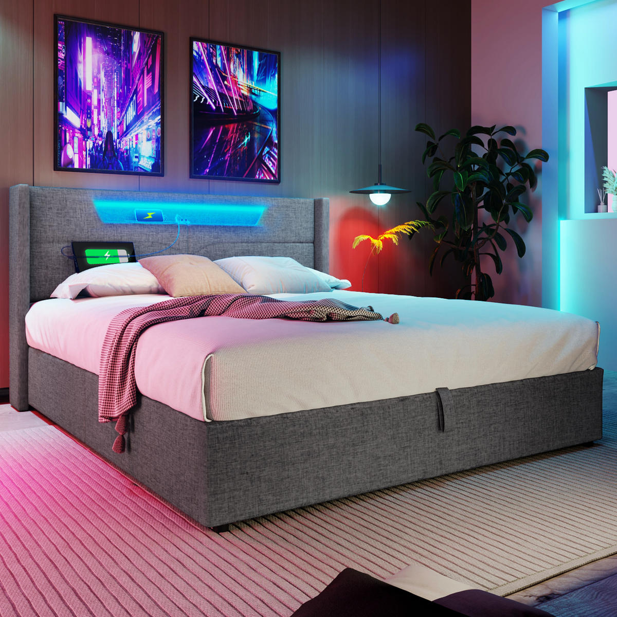 POLSTERBETT mit Matratze, LED und USB 140x200 cm Leinen Grau - Grau, Metall (140/200cm) - Meubliv