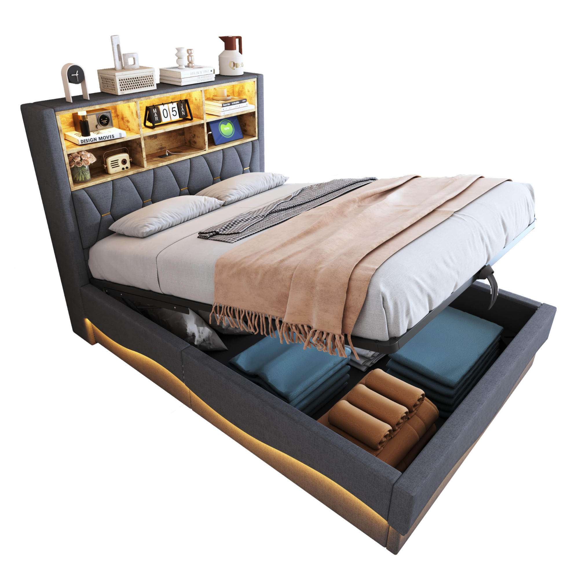POLSTERBETT 140/200 cm Grau mit Stauraum, LED-Beleuchtung und USB-Anschluss - Grau, Metall (140/200cm) - Flora Grace
