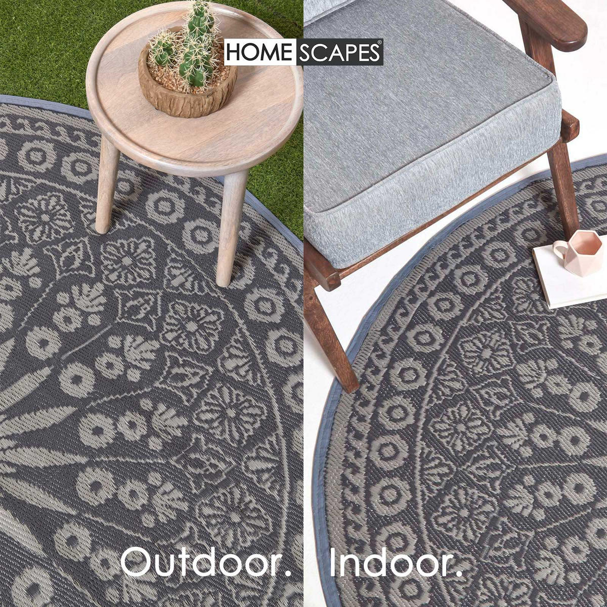OUTDOORTEPPICH mit Mandala-Muster rund 170 cm - Dunkelgrau, Kunststoff (170/170cm) - Homescapes