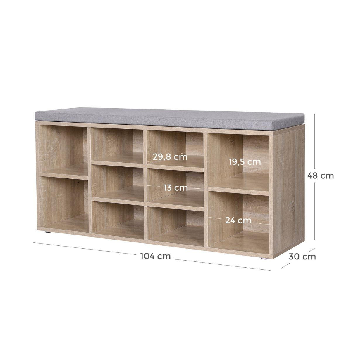SCHUHBANK mit 10 Nischen Holzdekor - L104 cm - Grau, Holzwerkstoff (30/48/104cm) - Calicosy
