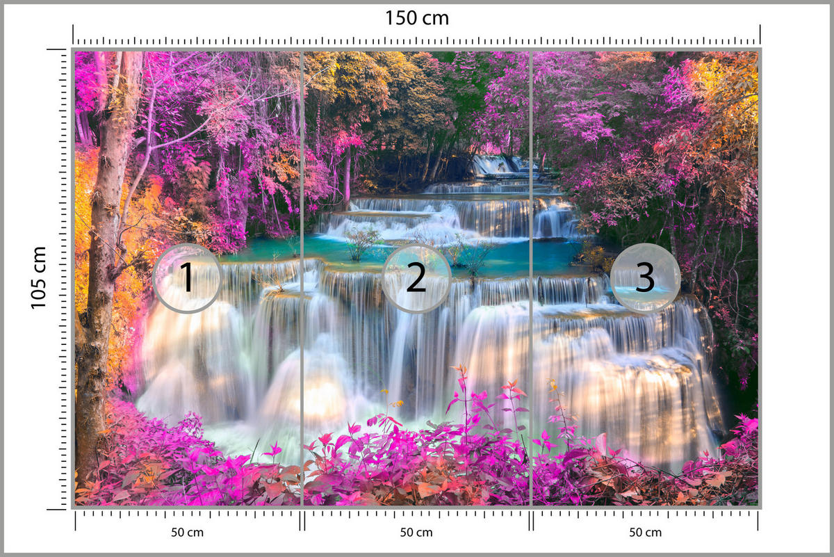 FOTOTAPETE für Schlafzimmer Wasserfall Pinker Wald Fantasie 150x105 - Türkis/Beige, Papier (150/105cm) - Muralo