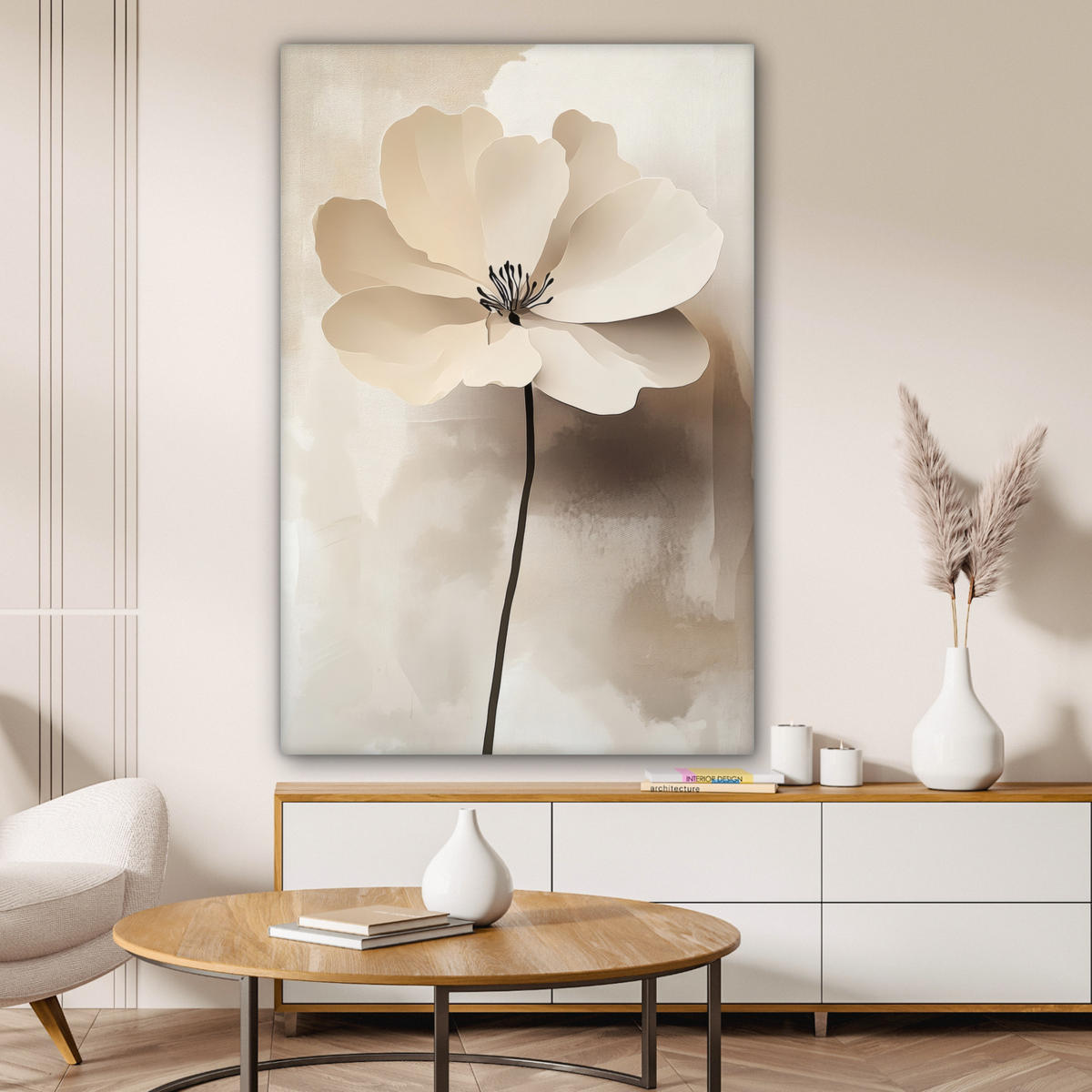 LEINWANDBILD Blume - Beige - Farbe - Schatten Deko Groß 90x140 cm - Creme, Textil (90/140cm) - MuchoWow