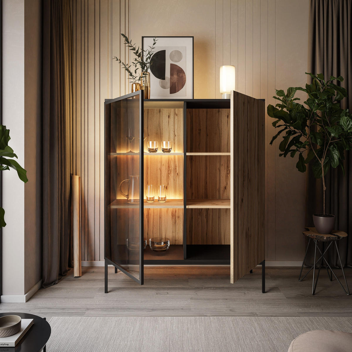 NIEDRIGE Vitrine ECLIPSE WT104 mit Beleuchtung,Schwarz Eiche Wotan - Eiche Wotan, Holzwerkstoff (104/126/39cm) - Lookway