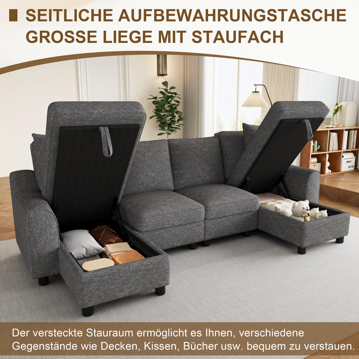 WOHNLANDSCHAFT U Form Chenille Modular Stauraum Grau 280cm - Grau, Textil (280/84/137cm) - FLIEKS