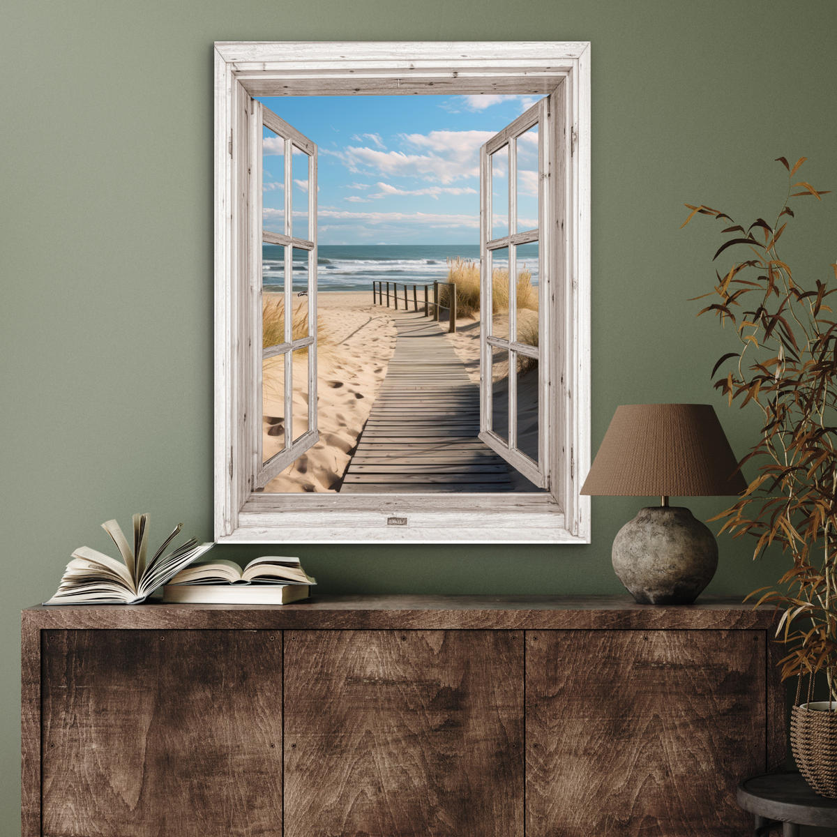 KOVOVÝ OBRAZ Okno - more - pobrežie - príroda - výhľad - pláž - Waddenské more 60x80 cm - béžová, kov (60/80cm) - MuchoWow