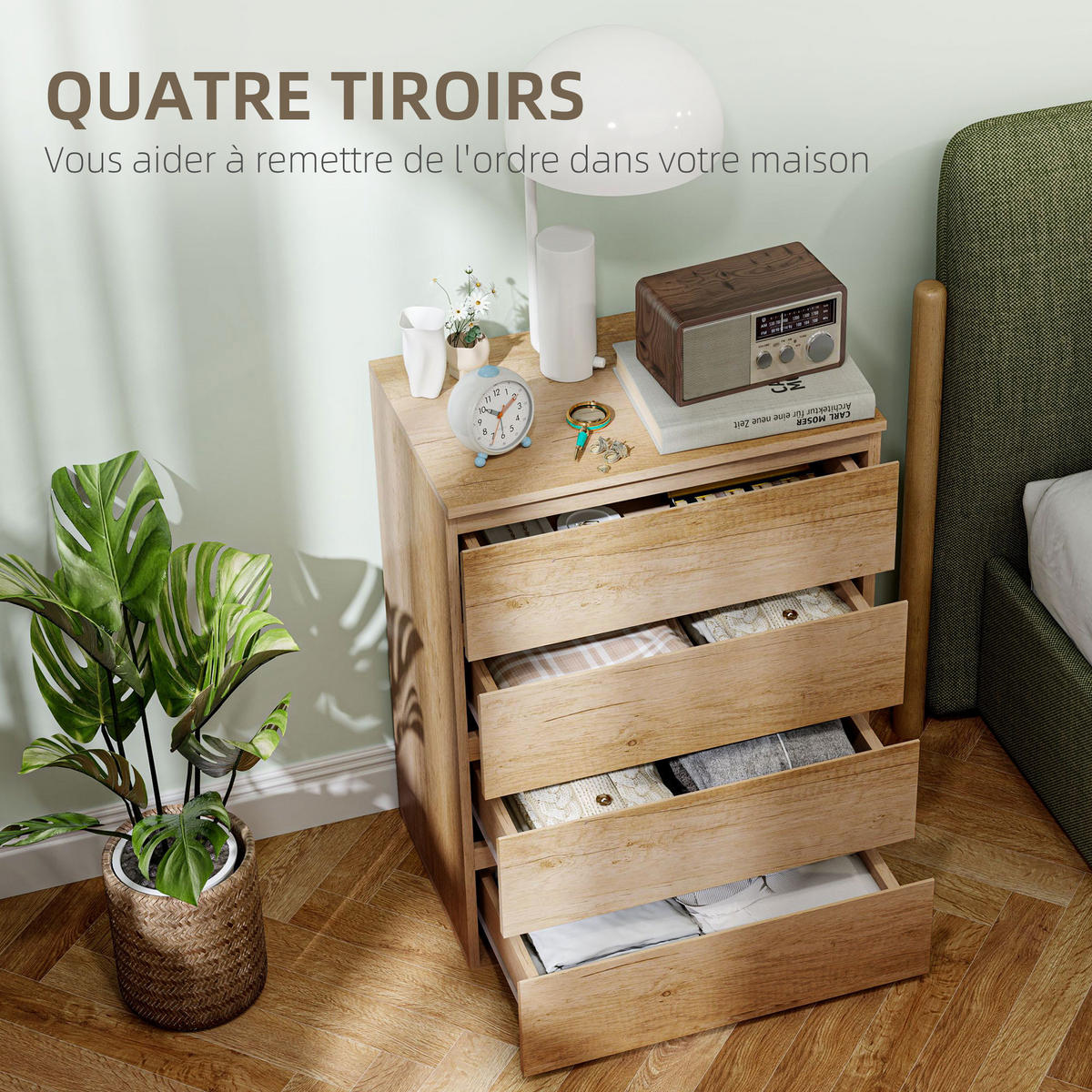 KOMOODE DE-12863 4 Schubladen, grifflos, minimalistisch Natur - Naturfarben, Holzwerkstoff (60/80/40cm) - ComfortXL