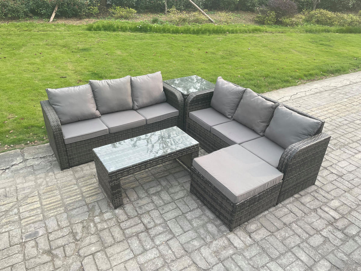 GARTENSOFA SET mit COUCHTISCH Polyrattan 7-Sitzer - Dunkelgrau/Grau, Glas/Kunststoff - Fimous
