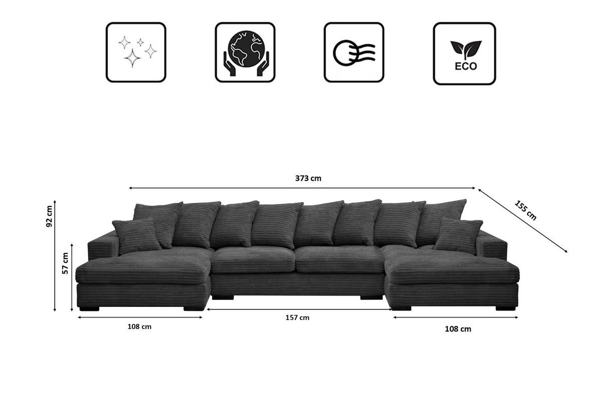 ECKSOFA mit Schlaffunktion und Bettkasten Couch U-form Gabon Stoff Zoom Graphit - Graphitfarben, Holz (373/155cm) - Kaiser Möbel
