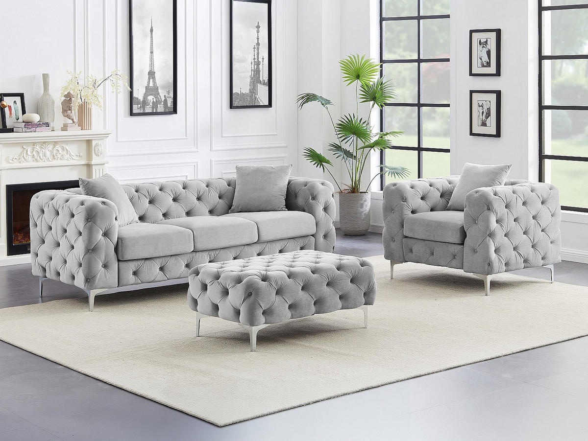 SOFAGARNITUR ohne Schlaffunktion - 5 -Sitzer - Samt - hellgrau - EDWINA - Hellgrau, Textil (220/76/91cm) - Vente-Unique