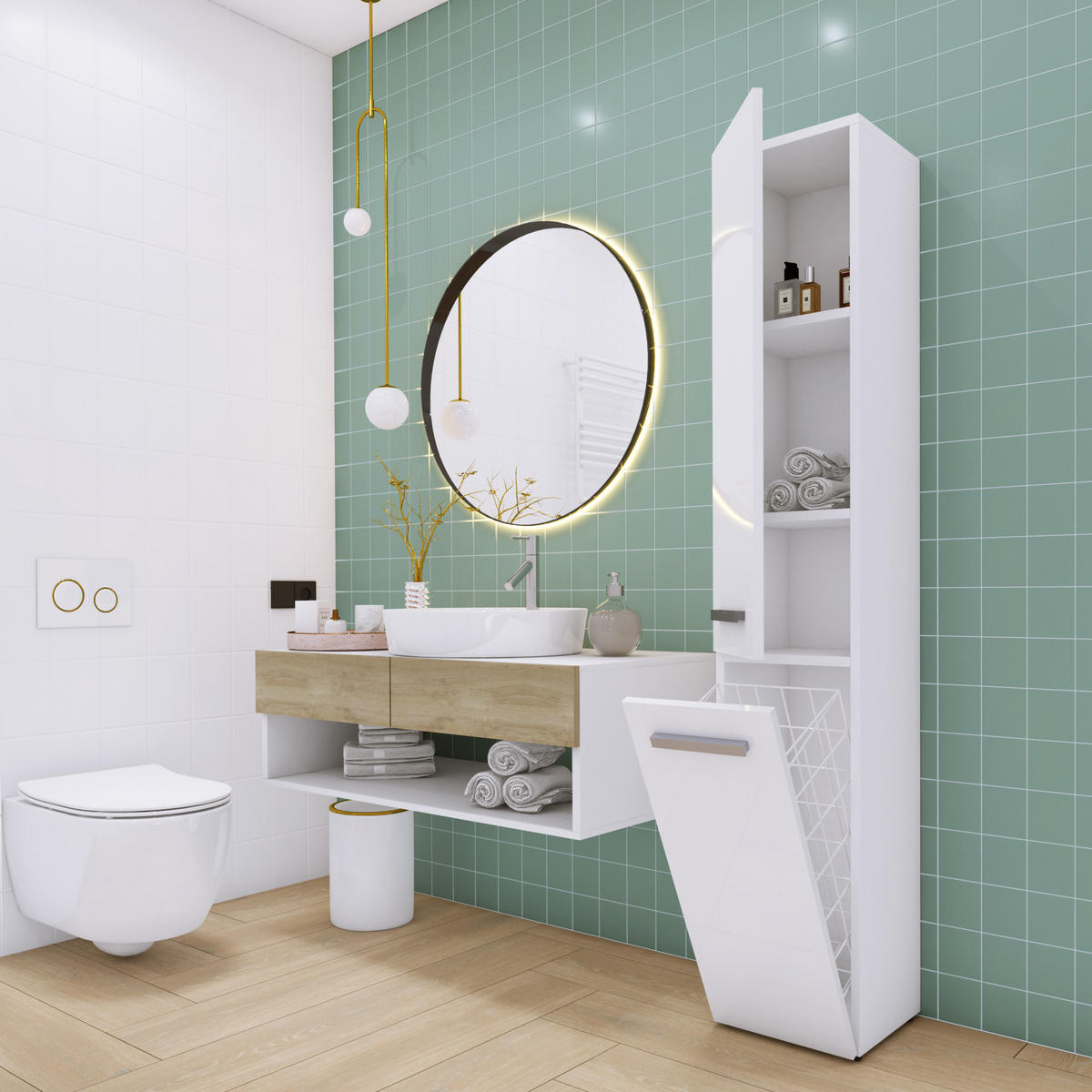 BADEZIMMERSCHRANK: Mattweiß /Weiß glänzend, 30 cm x 174 cm x 30 cm - Weiß Hochglanz/Weiß, Holzwerkstoff (30/170/30cm) - 3XE LIVING