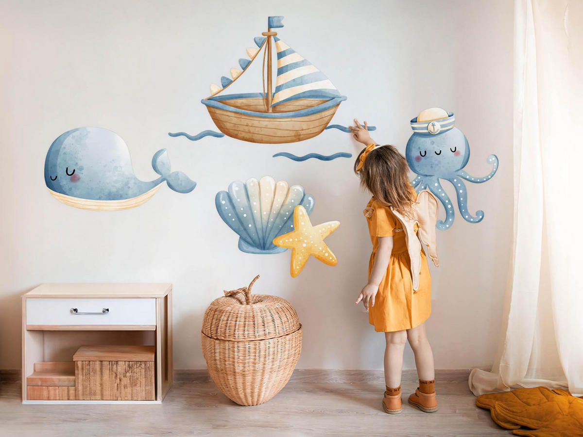 WANDAUFKLEBER 100x132cm - Tiere und ein Boot - Multicolor, Kunststoff (100/132/0.1cm) - Wallfluent