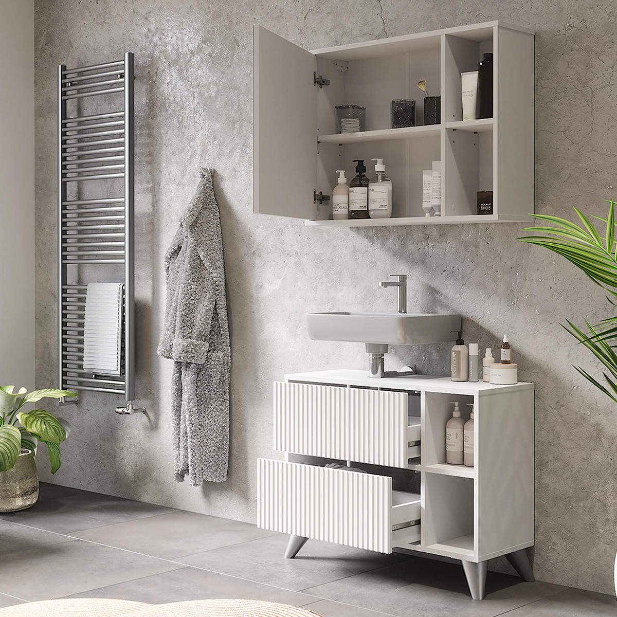 BADMÖBEL-SET Leano Weiß 80 cm, Set 1 - Weiß, Holzwerkstoff (80/62/30cm) - Vicco
